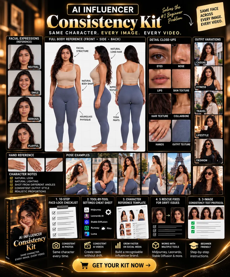 The AI Influencer Consistency Kit — face-lock checklist, tool settings cheat sheet, character reference template, drift rescue fixes and consistency test protocol
