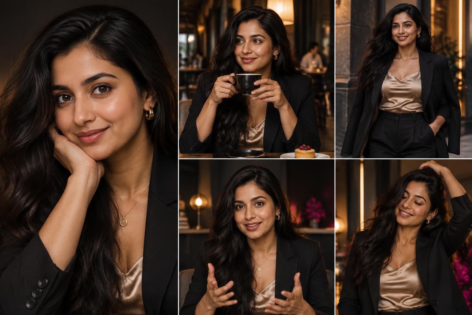 The same realistic AI influencer in multiple poses, outfits and content settings