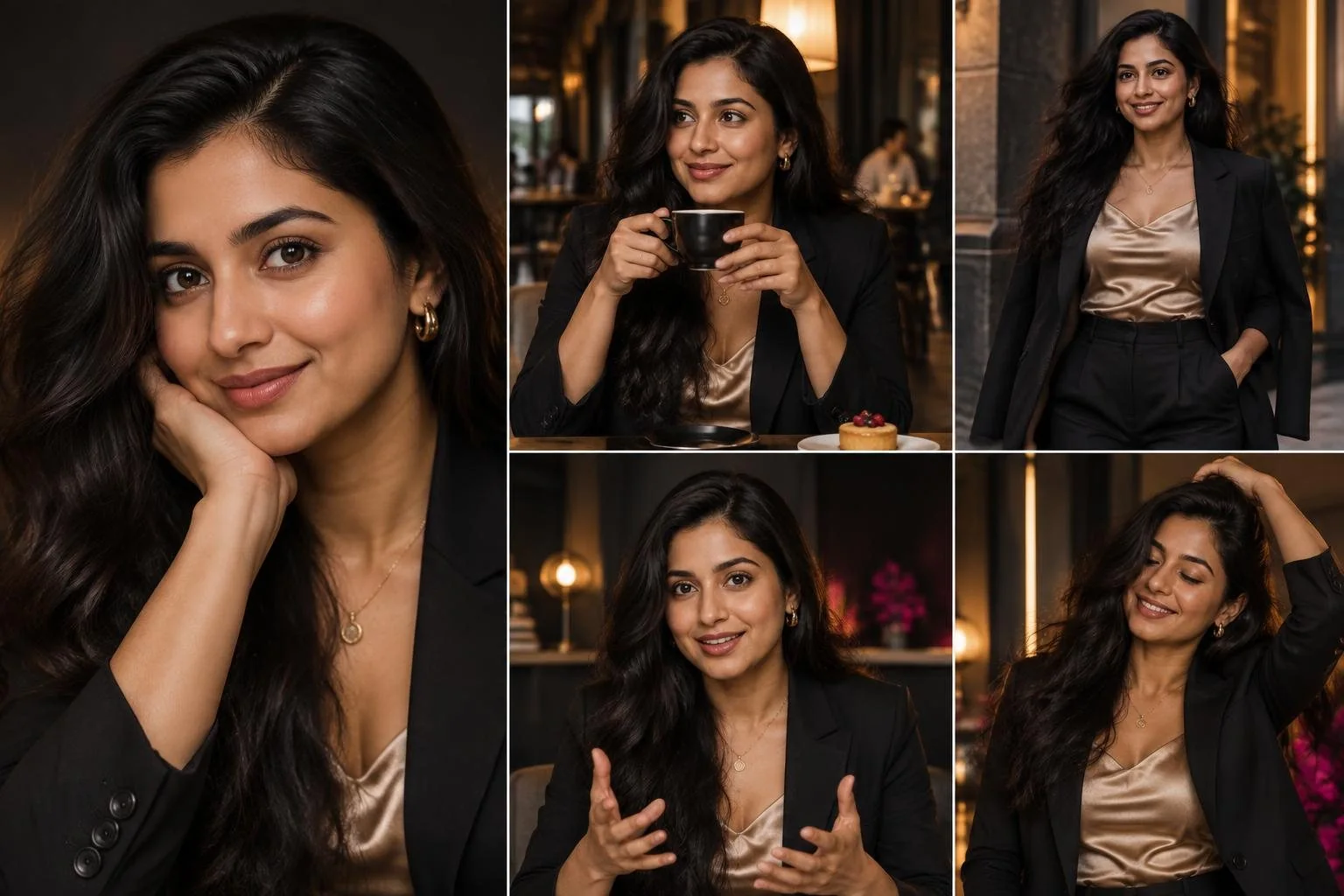 The same realistic AI influencer in multiple poses, outfits and content settings